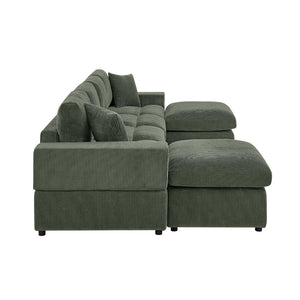 English Elm Corduroy Modular Sectional Sofa with Dual Ottomans for Flexible Living Room Seating Dark Green B2748S00023