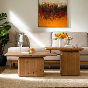 English Elm Vintage Retro Square Coffee Table Set with Wood Grain MDF Veneer & Fir Frame, Sturdy 110lb Capacity, Stylish Living Room Accent (Set of 2) Natural W757P235684