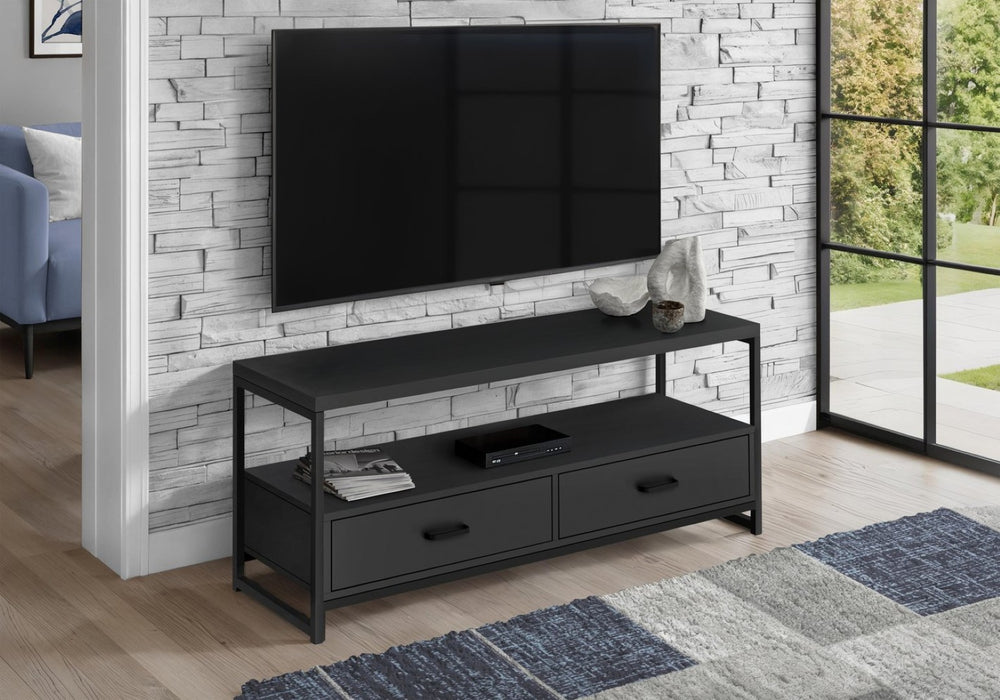 English Elm Tv Stand 48 Inch Media Console with Two Drawers Black Laminate Metal Modern B2710P219151