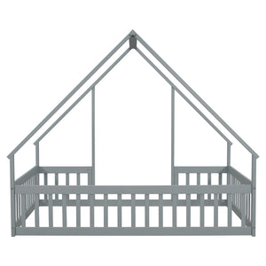English Elm Full House-Shaped Floor Bed with Fence and Guardrails, Pine Wood Play Loft for Imaginative Kids Retreat Grey W504P143293