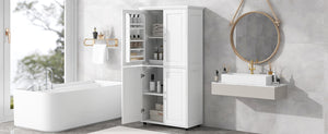 English Elm Tall White Bathroom Storage Cabinet - 4-Door Freestanding MDF Unit, Adjustable Shelves, Slim 61.8" x 18.3" x 7.5" WF323345AAK