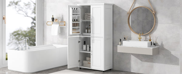 English Elm Tall White Bathroom Storage Cabinet - 4-Door Freestanding MDF Unit, Adjustable Shelves, Slim 61.8" x 18.3" x 7.5" WF323345AAK