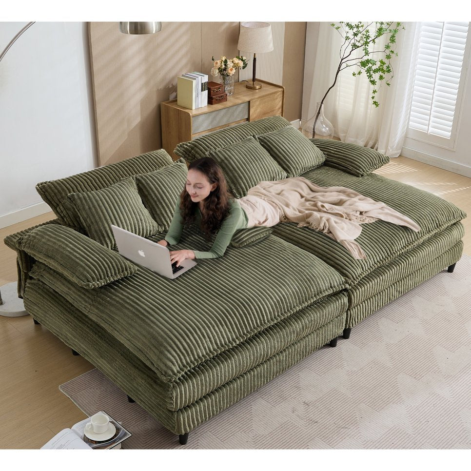 English Elm [NEW Oversized Double Lounge Chaise Sofa Bed with 4-Gear Adjustable Backrest, Corduroy, Deep Seat, Pillows Green W1628S00019