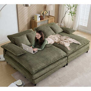 English Elm [NEW Oversized Double Lounge Chaise Sofa Bed with 4-Gear Adjustable Backrest, Corduroy, Deep Seat, Pillows Green W1628S00019