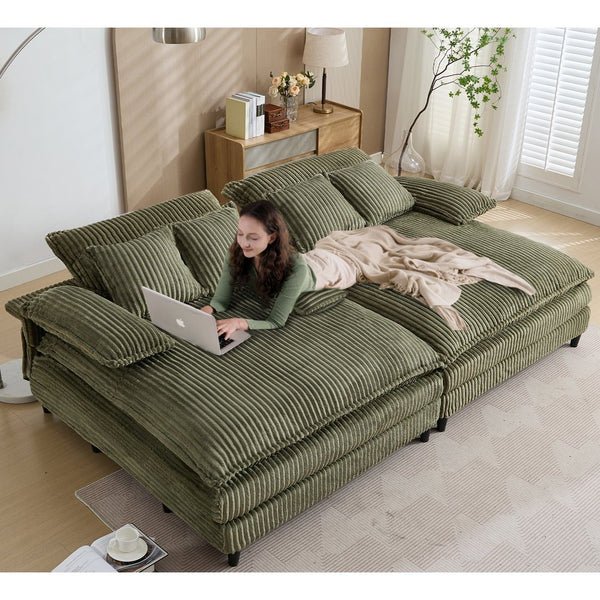 English Elm [NEW Oversized Double Lounge Chaise Sofa Bed with 4-Gear Adjustable Backrest, Corduroy, Deep Seat, Pillows Green W1628S00019