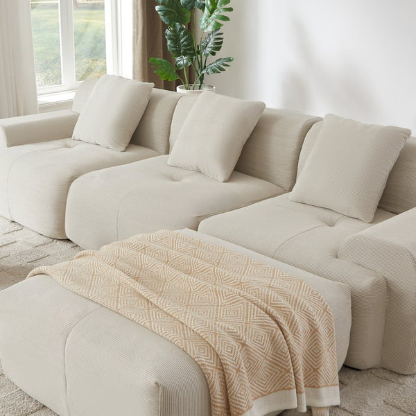 English Elm 113" Modular L-shaped Sectional Sofa Corduroy Upholstered with Movable Ottoman Beige W1359S00061
