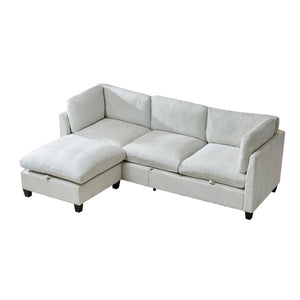 English Elm 96.5" L-shaped Chenille Sectional with Storage Ottoman Eucalyptus Frame Living Room Beige W1097S00279