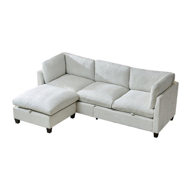 English Elm 96.5" L-shaped Chenille Sectional with Storage Ottoman Eucalyptus Frame Living Room Beige W1097S00279
