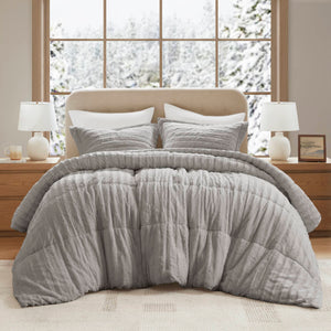 JLA Home Madison Park - Faux Super-Soft Faux Fur Comforter Mini Set with OEKO-TEX Certification for Luxurious, Warm Bedding Grey MP10-3070