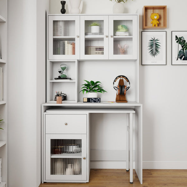 English Elm Computer Desk with Glass Doors and Hutch, Spacious 4-Cabinet Storage, Drawer & Rotating Top White W331S00194