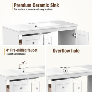 English Elm 36 Inch Shaker Bathroom Vanity with Ceramic Sink Four Soft Close Drawers White Mdf N729P414619K