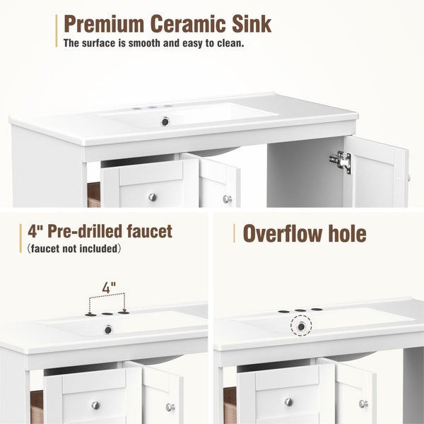 English Elm 36 Inch Shaker Bathroom Vanity with Ceramic Sink Four Soft Close Drawers White Mdf N729P414619K