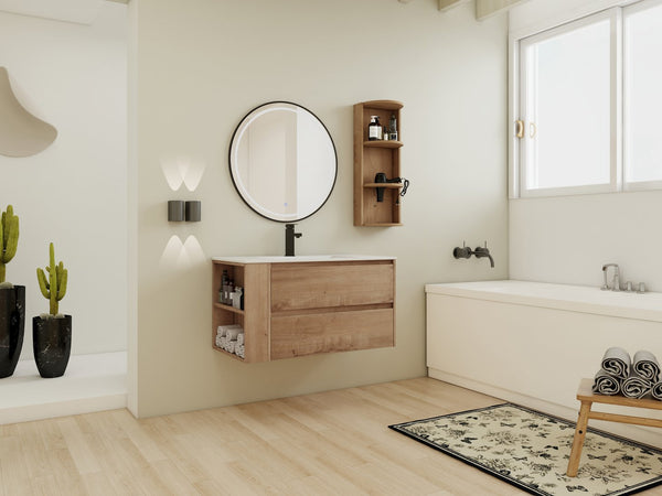 English Elm 36" Wall-Mounted Bathroom Vanity With Ceramic Sink, Dual Soft-Close Drawers & Side Rack Storage, Durable KD Packing W999S00344