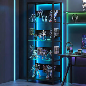 English Elm 4-tier Tempered Glass Steel Frame Display Shelf with Rgb Led Lighting for Collectibles W3190P371784
