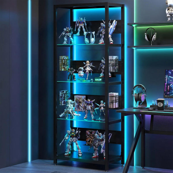 English Elm 4-tier Tempered Glass Steel Frame Display Shelf with Rgb Led Lighting for Collectibles W3190P371784