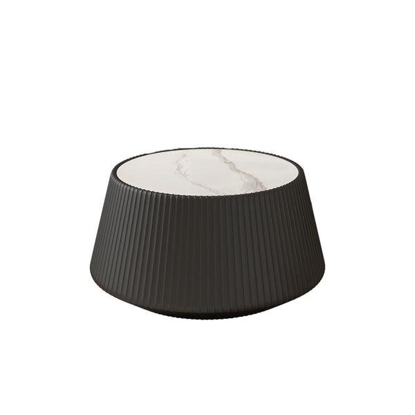 English Elm Light Sintered Stone Top Round Coffee Table with Sculpted Leather Base for Living Room W3081P367629