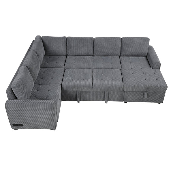 English Elm 107.5" U-shaped Sofa Sectional with Storage Chaise, Pull-Out Bed, USB Charging, Corduroy Comfort Gray N719S001570E