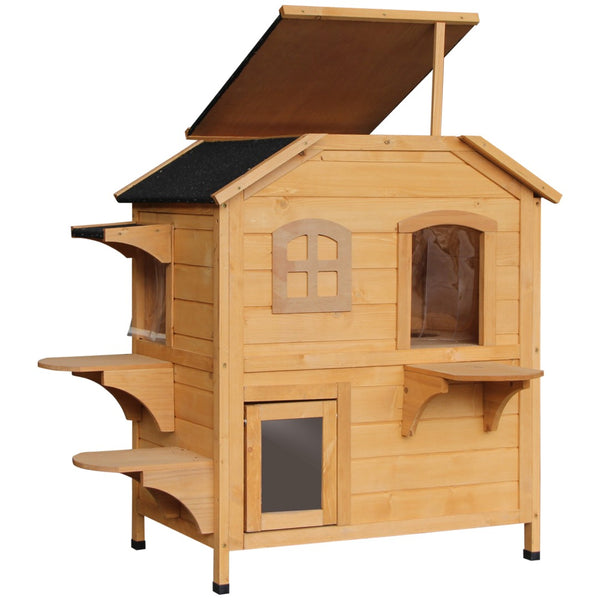English Elm Pawhut Weatherproof 2-Story Cat House With Jumping Platforms, Escape Door & Openable Roof For Cats W2225P217567-GIGA