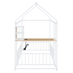 English Elm Twin House Bed Frame with Roof & Fence, Metal Twin Loft with Built-In Desk Shelves USB Outlets White N737P173490K