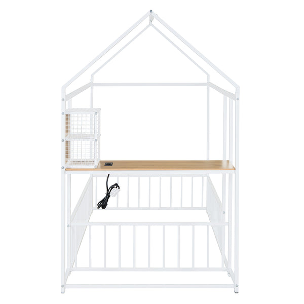 English Elm Twin House Bed Frame with Roof & Fence, Metal Twin Loft with Built-In Desk Shelves USB Outlets White N737P173490K