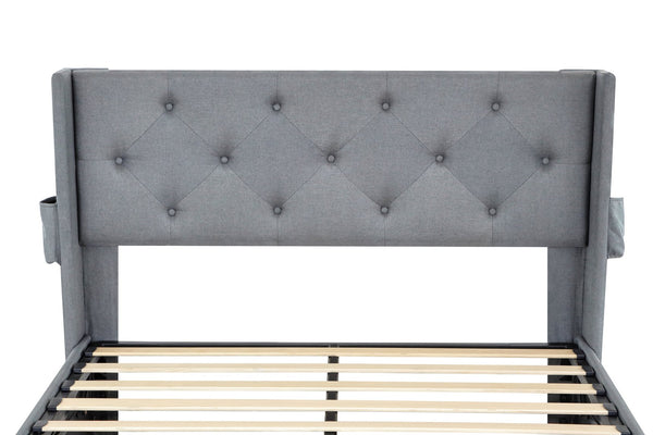 English Elm Queen Upholstered Storage Bed with Hydraulic Lift, Wingback Headboard, USB Ports & Deep Stash Light Gray W1960S00005