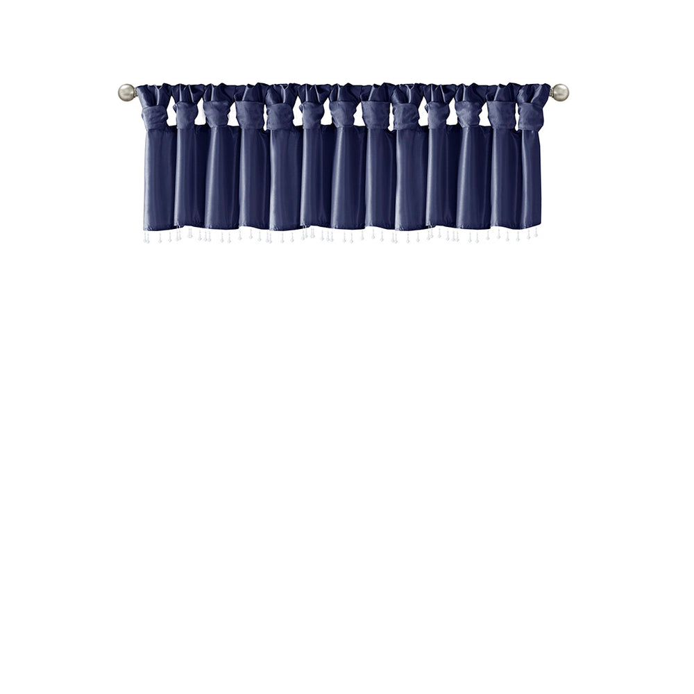 JLA Home Madison Park - Lightweight Faux Silk Valance with Beaded Hem, Lined Twist-Top Drapery for Privacy & Elegance Navy MP41-6320