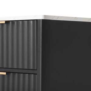 English Elm K&K Fluted Kitchen Island with Extendable Dining Table, Art Deco Mid-Century Design, Built-In Power Hub, Gold Handle Black N707S000018B