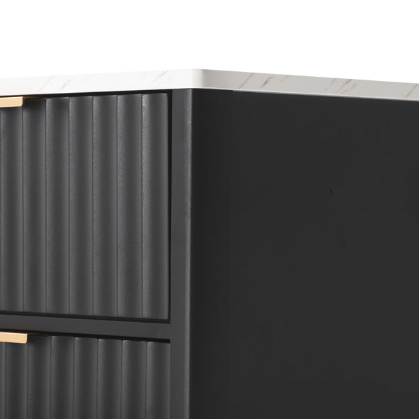 English Elm K&K Fluted Kitchen Island with Extendable Dining Table, Art Deco Mid-Century Design, Built-In Power Hub, Gold Handle Black N707S000018B