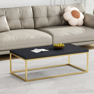 English Elm 47" Faux Stone Slab Coffee Table with Powder-coated Steel Frame for Modern Loft Living Gold+Black W3151P400580