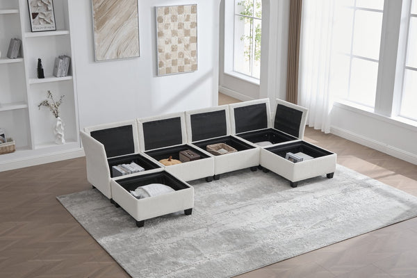 English Elm UNITED Modular 6-Seat Sectional Sofa with Removable Ottoman, Storage Compartments, Convertible Comfort Beige W1568S00242