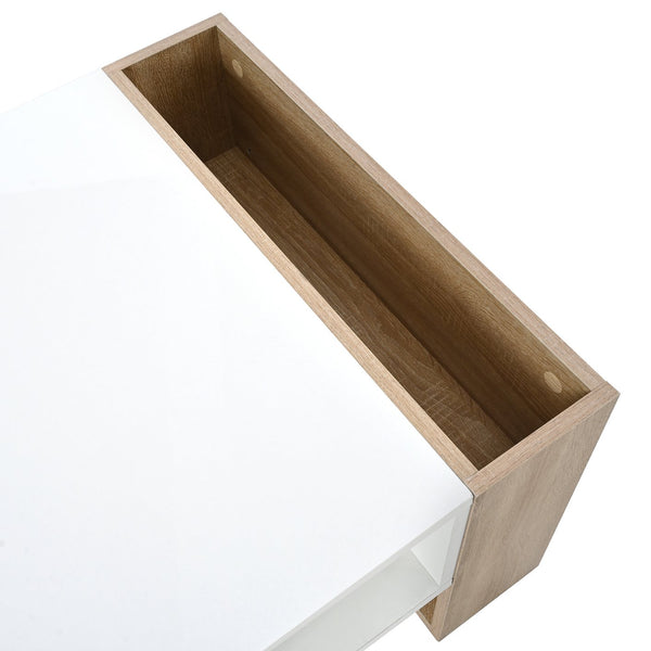 English Elm ON-TREND High Gloss Coffee Table with 2 Drawers, Hidden Compartment, Open Shelf, Modern Luxury Finish White+Natural N721P205792K