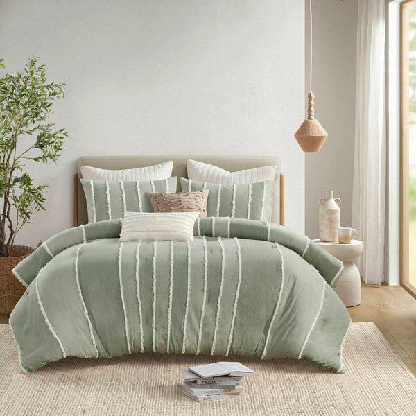 English Elm 3 Striped Cotton Comforter Set Full/Queen with Clip Jacquard Trim, Hypoallergenic OEKO-TEX Certified Bedding Sage 22.83 L x 22.05 W x 9.84 H B035P268141