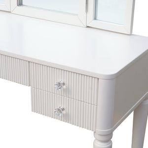 English Elm AGODY Mirrored Vanity with LED Light and Solid Rubber Wood Frame, Skin-Friendly PU Seat for Bedroom Antique White W2170P208420