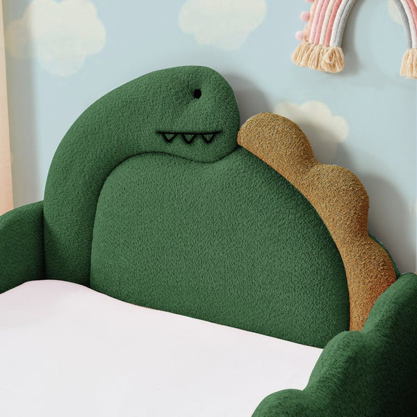 English Elm Twin Dinosaur Boucle Upholstered Kids Bed Solid Wood Frame with Padded Safety Rails Green W1413P385005