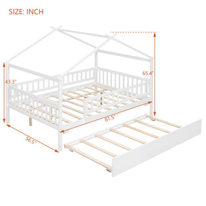 English Elm Full Size Pine House Bed with Roofline Frame and Roll Out Twin Trundle for Kids LP100306AAK