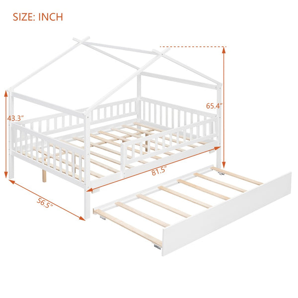 English Elm Full Size Pine House Bed with Roofline Frame and Roll Out Twin Trundle for Kids LP100306AAK