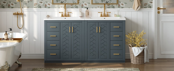 English Elm 60'' Bathroom Vanity Set With Ceramic Sink - Stylish Solid Wood Frame, Soft-Closing Drawers & Doors N710SS00001C