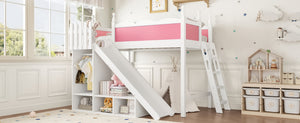English Elm Twin Loft Bed Solid Pine Frame with Wardrobe Shelving Detachable Slide Kids Room Pink+White W5305S00016
