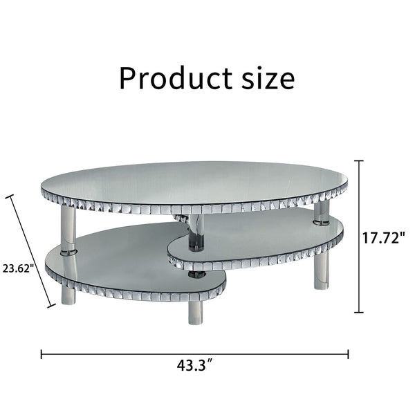 English Elm Silver Mirrored Oval Coffee Table Crystal Trim Acrylic Legs Glam Living Room Decor W3836P382489