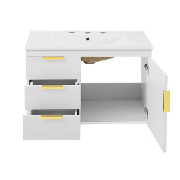 English Elm 30" Bathroom Vanity with Sink — Wall-Mounted Ceramic Basin, Soft-Close Storage, Floating Modern Design White N710S324096K