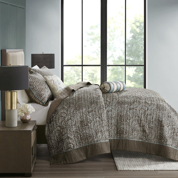 English Elm 5 Madison Park Aubrey Reversible Jacquard Bedspread Set Queen in Blue Taupe with Quilted Shams & Pillows B03597489