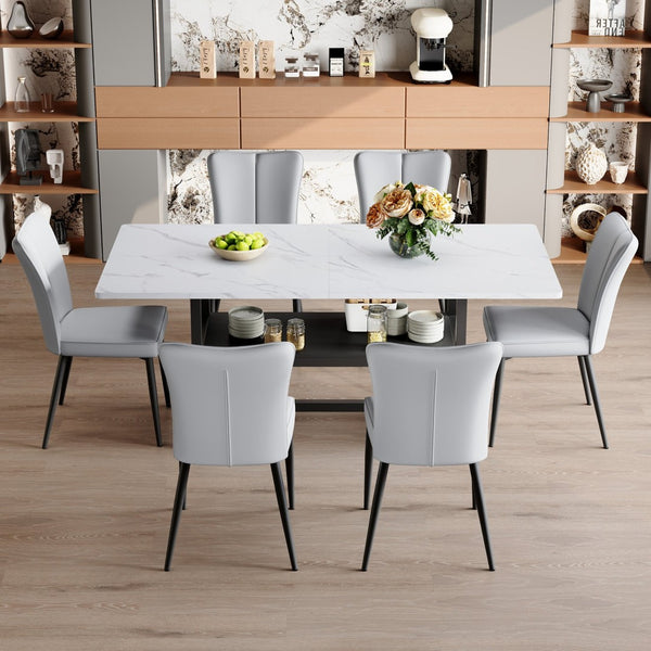 English Elm Table And Chair Set - Modern 71" White Grain Dining Table With Storage & 6 Ergonomic Light Gray Chairs W1151S04266-GIGA