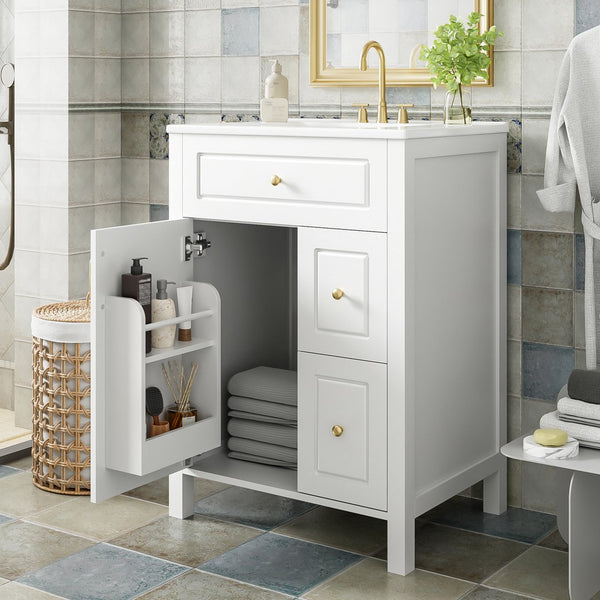 English Elm 24-Inch Bathroom Vanity with Ceramic Sink, Soft-Close Door & Drawers, Gold Handles, Durable Wood Elegance White N729P192078K