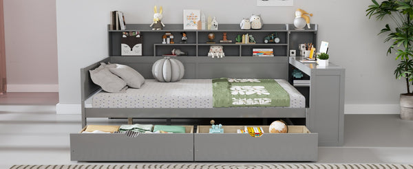 English Elm Wooden Twin Daybed with Trundle Built-in Desk and Open Shelves for Kids Rooms Gray N733S373385E