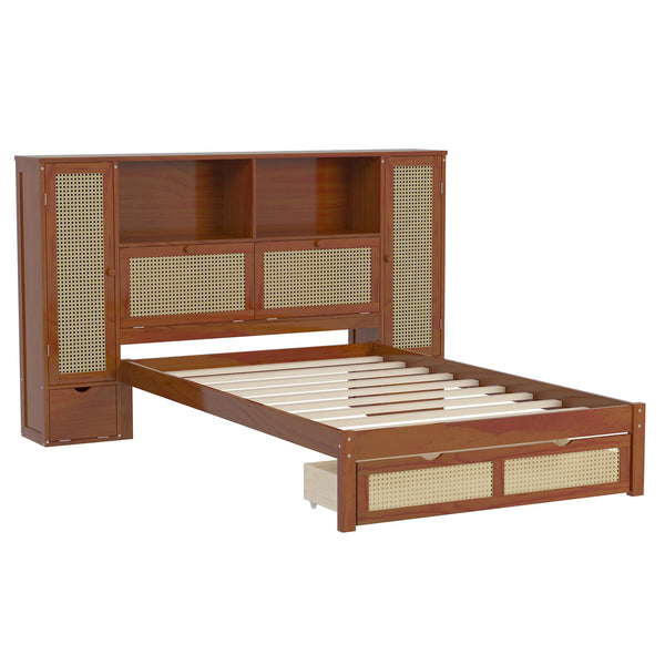 English Elm Twin Multifunctional Bed with Rattan Headboard Storage, Drawer & Shelves — Space-Saving Pine Design Walnut 50.4 L x 19.8 W x 5.5 H N733S241280D