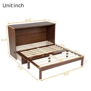 English Elm Queen Size Murphy Bed - Stylish Pine Wood Cabinet With Power Station & Rattan Panel For Space-Saving W504S00234-GIGA