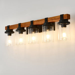 English Elm 5-light Matte Black Wood Accent Vanity Bar with Clear Glass Shades for Bath or Kitchen W5008P388945