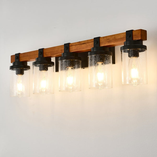 English Elm 5-light Matte Black Wood Accent Vanity Bar with Clear Glass Shades for Bath or Kitchen W5008P388945