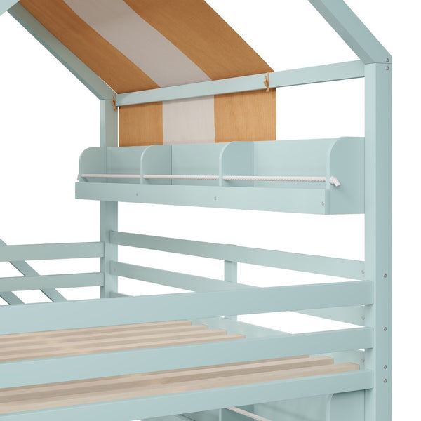 English Elm Full Size Wood Loft Bed with Canopy Slide and Built in Bookshelves for Kids Light Green N7090005021F