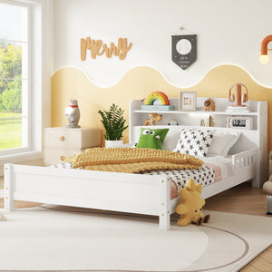 English Elm Full Pine Wood Bed with Bookcase Headboard and LED Motion Sensor Light, Guardrails & Storage Space White W504P277600